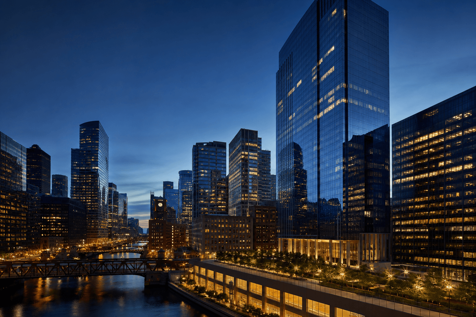 Modern American city skyline at dusk — professional digital presence